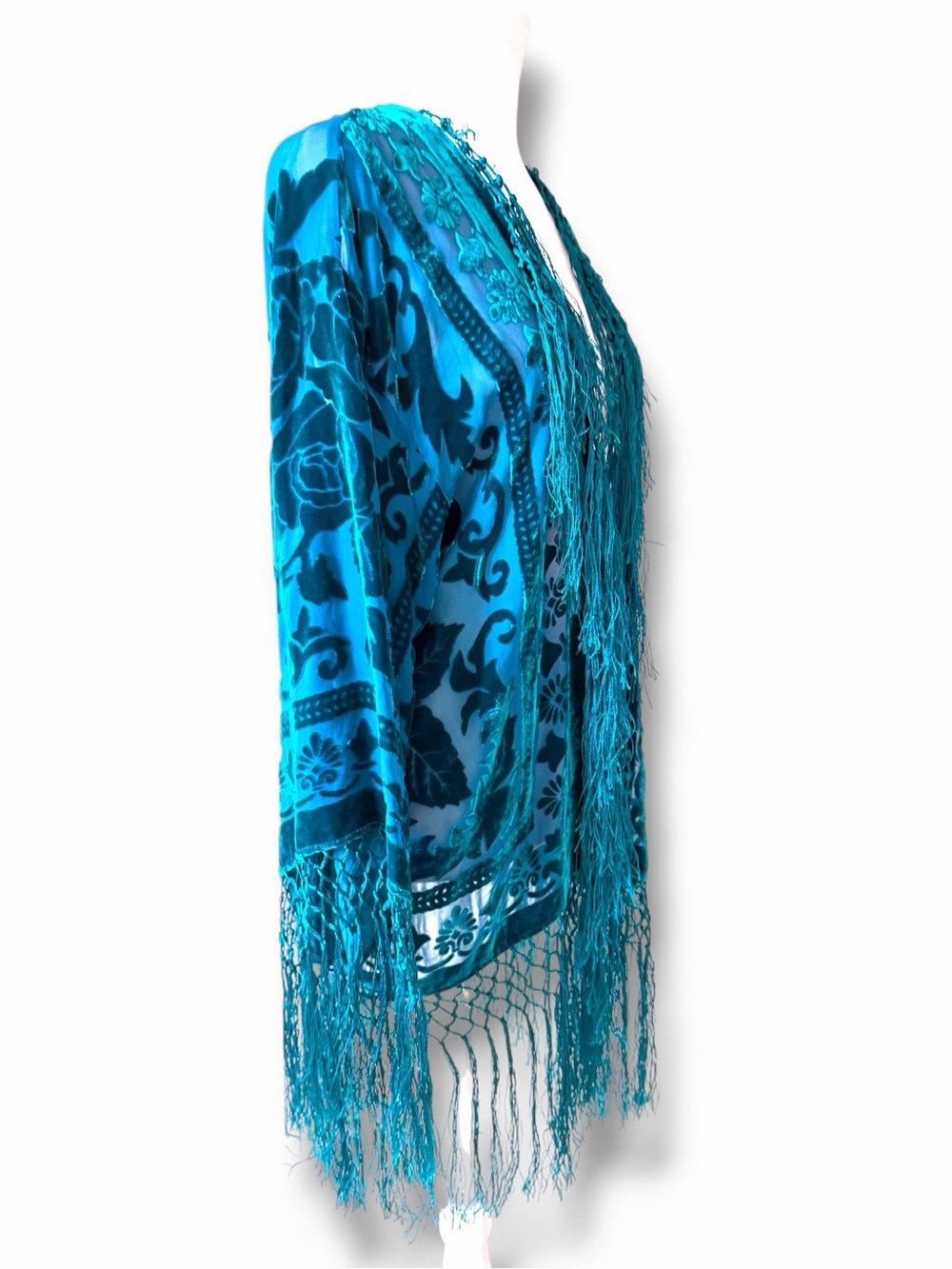 Maya Boutique Turquoise Teal Silk Burnout Velvet Kimono MSRP $400 - Picture 7 of 16